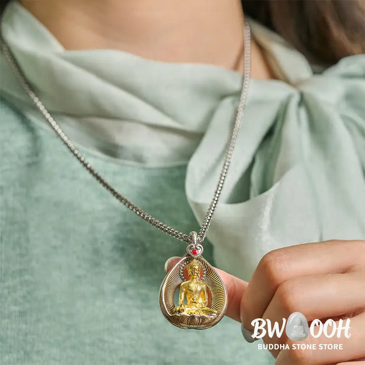 Buddha Stones Green Tara Shakyamuni Buddha Copper Plated Silver Curb Chain Luck Pendant Necklace - BWOOOH - Necklaces &amp;