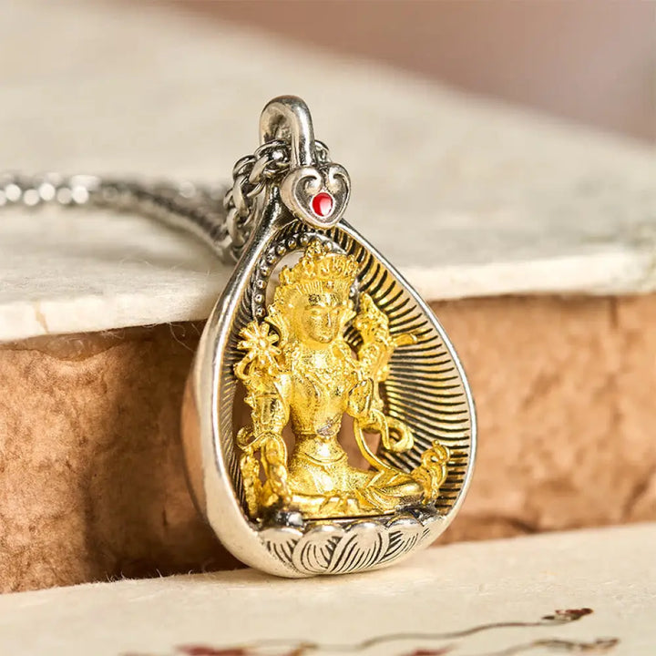 Buddha Stones Green Tara Shakyamuni Buddha Copper Plated Silver Curb Chain Luck Pendant Necklace - BWOOOH - Green Tara