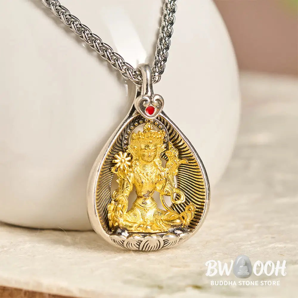 Buddha Stones Green Tara Shakyamuni Buddha Copper Plated Silver Curb Chain Luck Pendant Necklace - BWOOOH - Necklaces &amp;