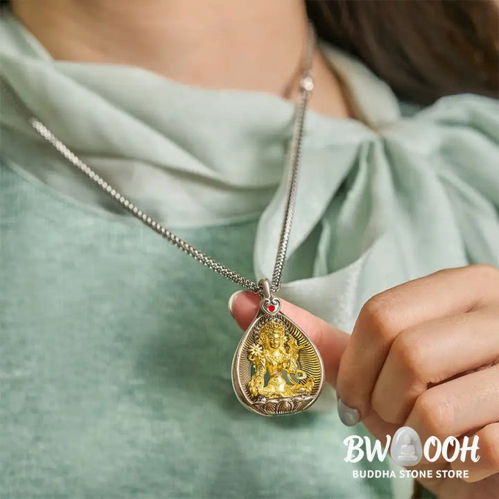 Buddha Stones Green Tara Shakyamuni Buddha Copper Plated Silver Curb Chain Luck Pendant Necklace - BWOOOH - Necklaces &amp;