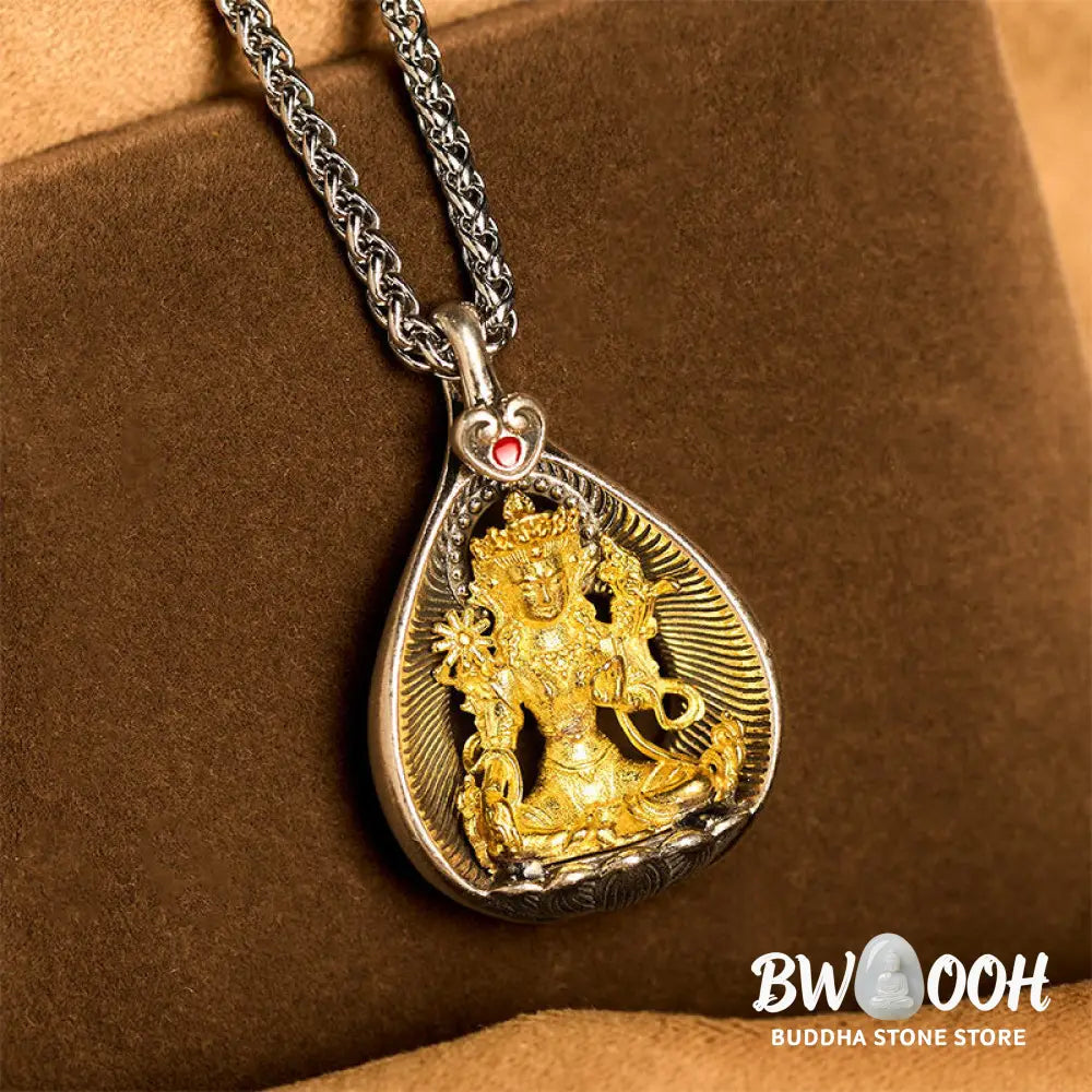 Buddha Stones Green Tara Shakyamuni Buddha Copper Plated Silver Curb Chain Luck Pendant Necklace - BWOOOH - Necklaces &amp;