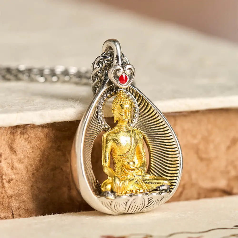 Buddha Stones Green Tara Shakyamuni Buddha Copper Plated Silver Curb Chain Luck Pendant Necklace - BWOOOH - Shakyamuni