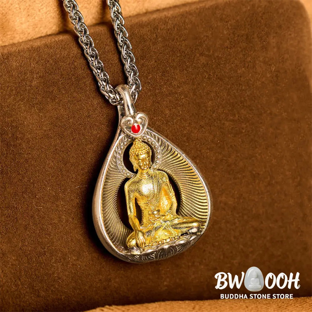 Buddha Stones Green Tara Shakyamuni Buddha Copper Plated Silver Curb Chain Luck Pendant Necklace - BWOOOH - Necklaces &amp;