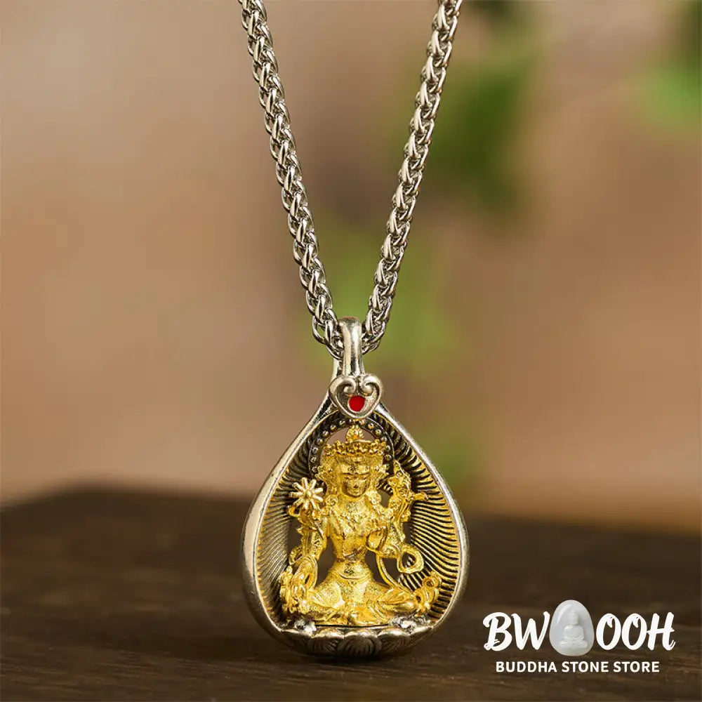 Buddha Stones Green Tara Shakyamuni Buddha Copper Plated Silver Curb Chain Luck Pendant Necklace - BWOOOH - Necklaces &amp;