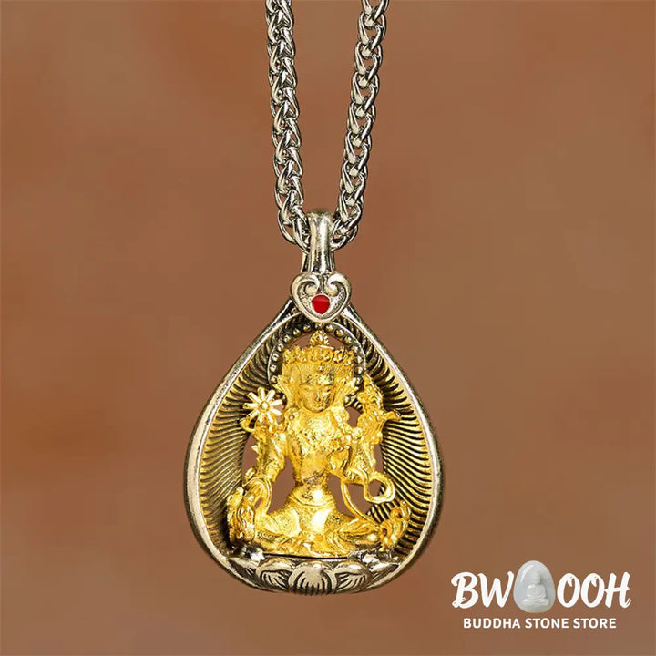 Buddha Stones Green Tara Shakyamuni Buddha Copper Plated Silver Curb Chain Luck Pendant Necklace - BWOOOH - Necklaces &amp;