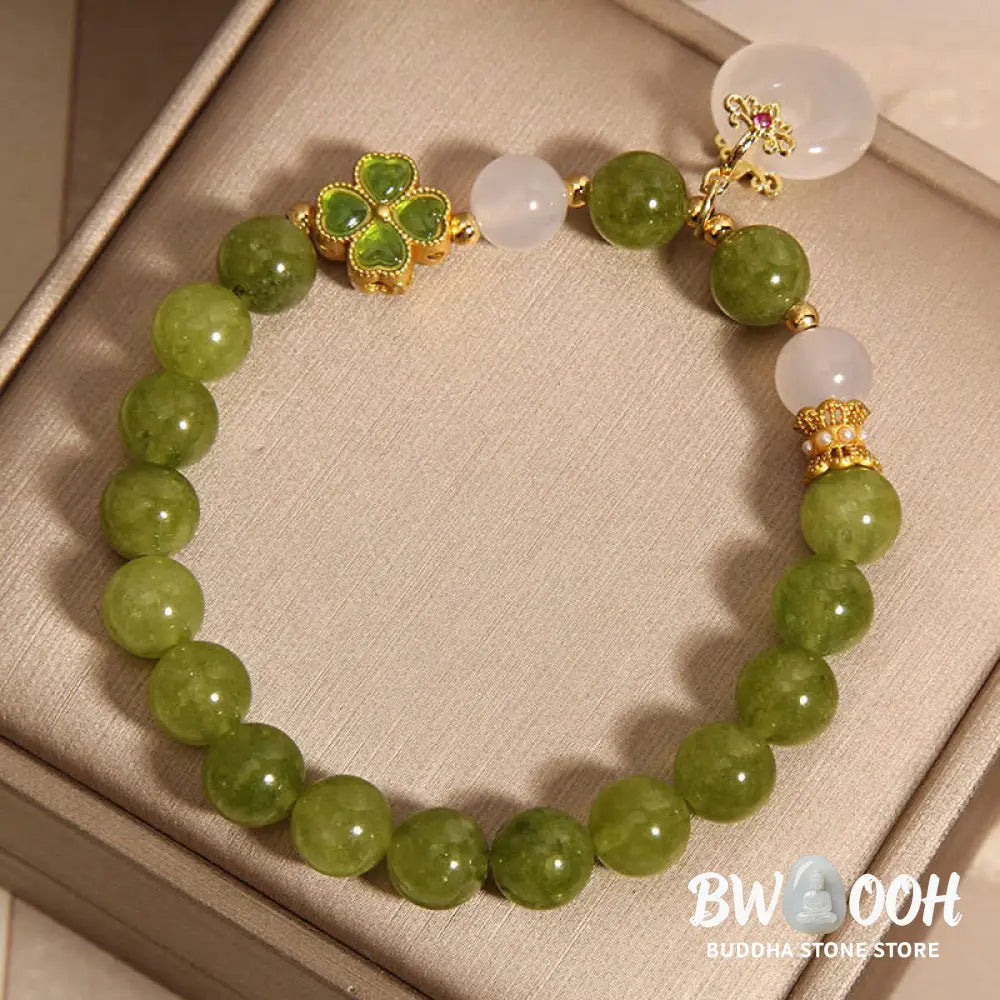 Buddha Stones Green Tourmaline Chalcedony Four Leaf Clover Peace Buckle Charm Wisdom Bracelet - BWOOOH