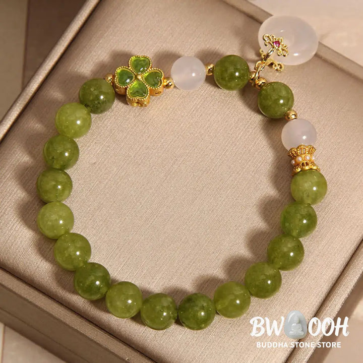Buddha Stones Green Tourmaline Chalcedony Four Leaf Clover Peace Buckle Charm Wisdom Bracelet - BWOOOH