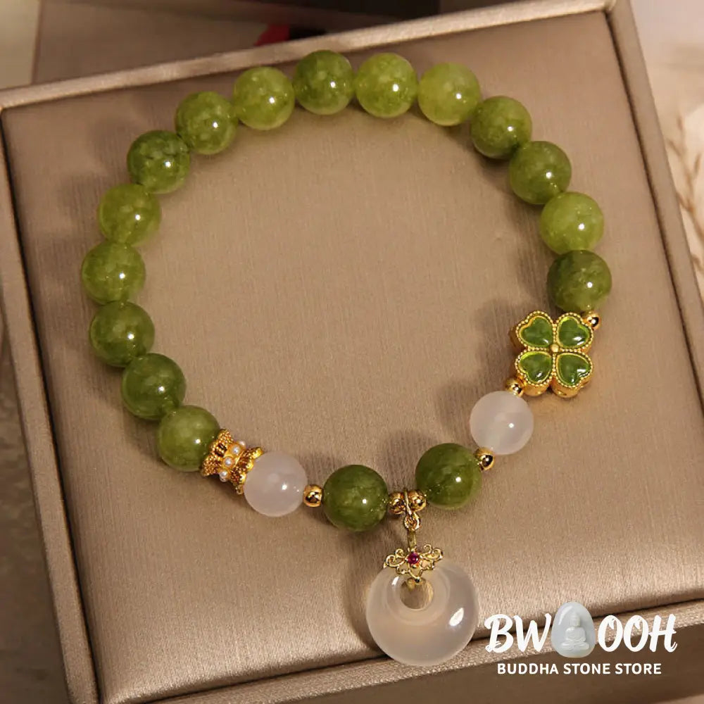 Buddha Stones Green Tourmaline Chalcedony Four Leaf Clover Peace Buckle Charm Wisdom Bracelet - BWOOOH