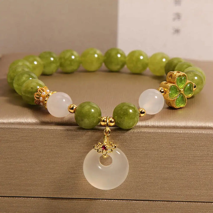 BWOOOH Green Tourmaline Chalcedony Four Leaf Clover Peace Buckle Charm Wisdom Bracelet - BWOOOH