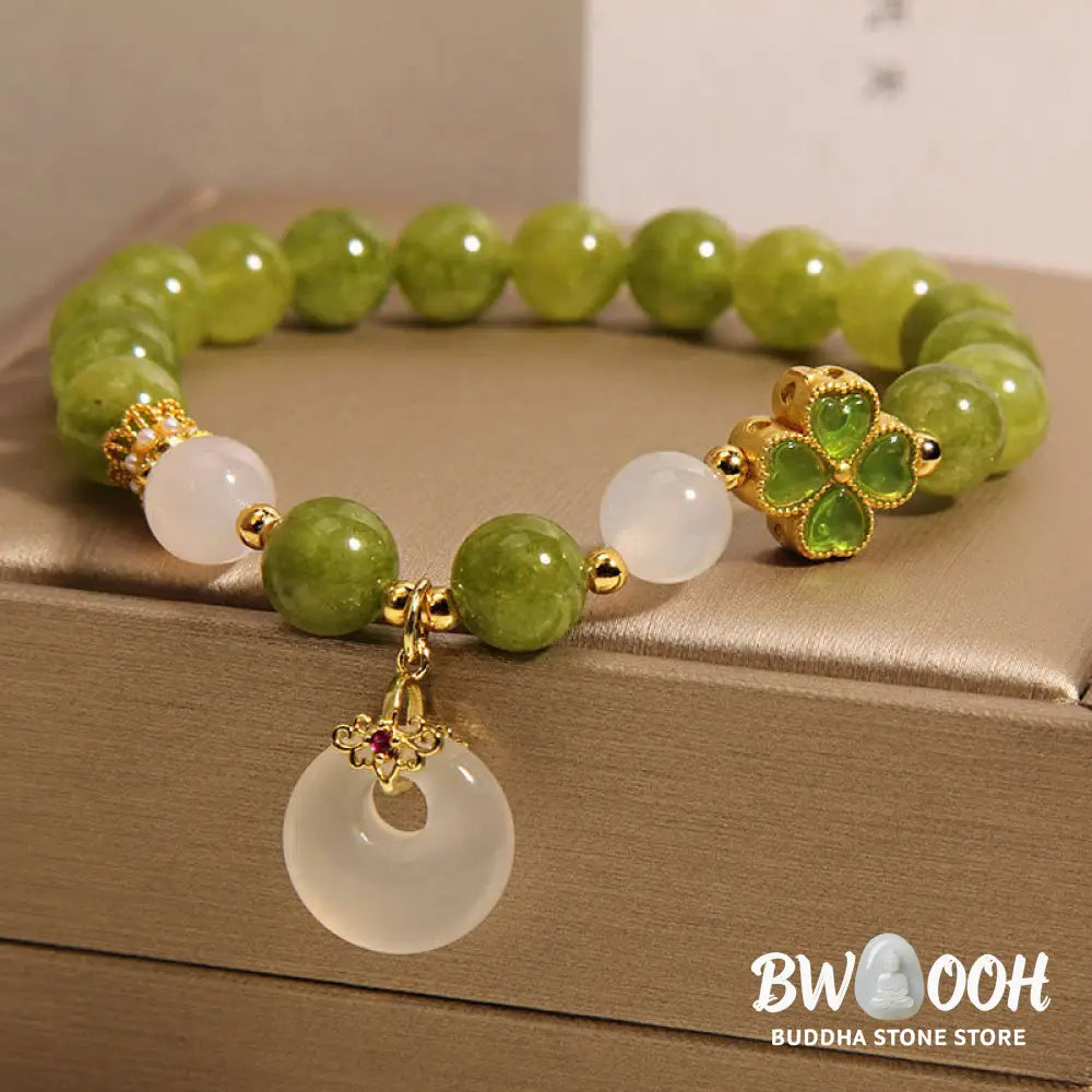 Buddha Stones Green Tourmaline Chalcedony Four Leaf Clover Peace Buckle Charm Wisdom Bracelet - BWOOOH