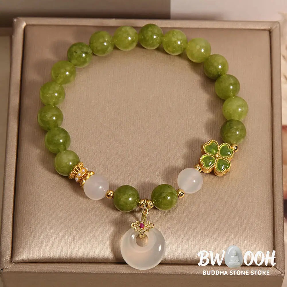 Buddha Stones Green Tourmaline Chalcedony Four Leaf Clover Peace Buckle Charm Wisdom Bracelet - BWOOOH