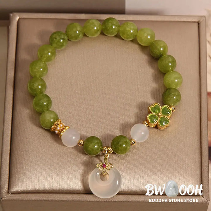 Buddha Stones Green Tourmaline Chalcedony Four Leaf Clover Peace Buckle Charm Wisdom Bracelet - BWOOOH