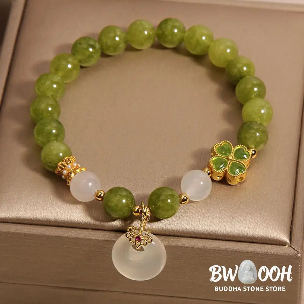 Buddha Stones Green Tourmaline Chalcedony Four Leaf Clover Peace Buckle Charm Wisdom Bracelet - BWOOOH