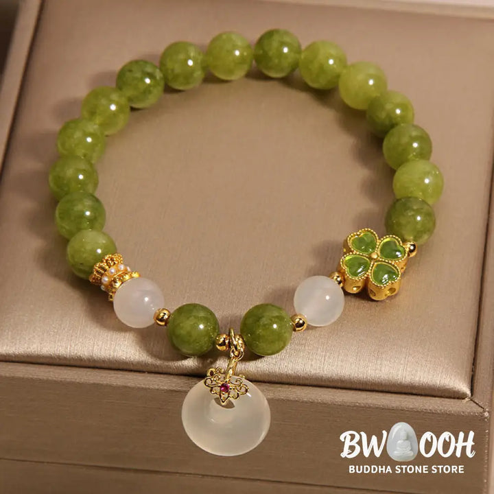 Buddha Stones Green Tourmaline Chalcedony Four Leaf Clover Peace Buckle Charm Wisdom Bracelet - BWOOOH