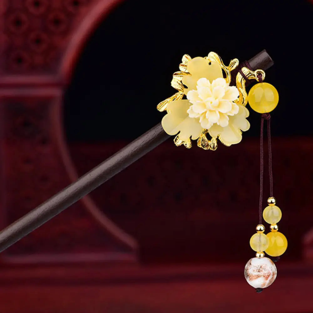Buddha Stones Green Yellow White Flower Liuli Glass Wood Hairpin - Yellow - Hairpin