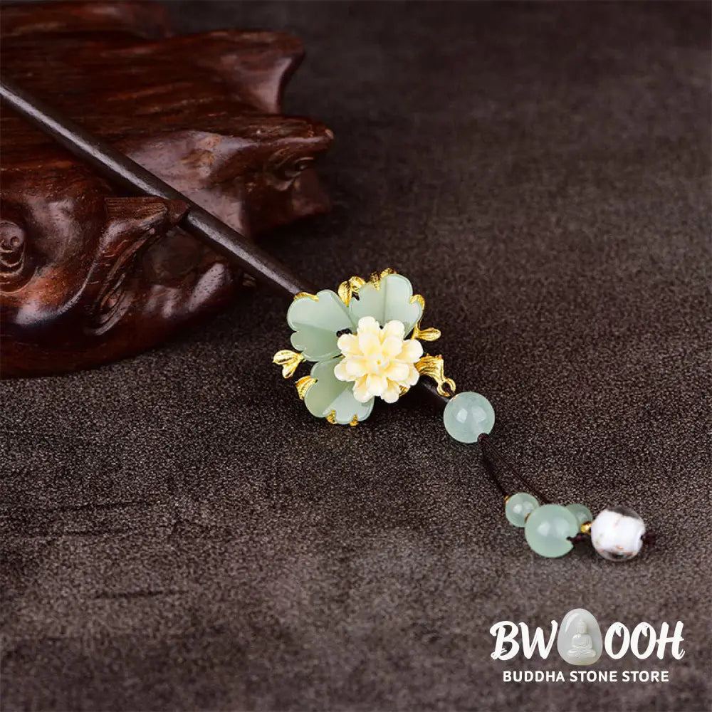 Buddha Stones Green Yellow White Flower Liuli Glass Wood Hairpin - Hairpin