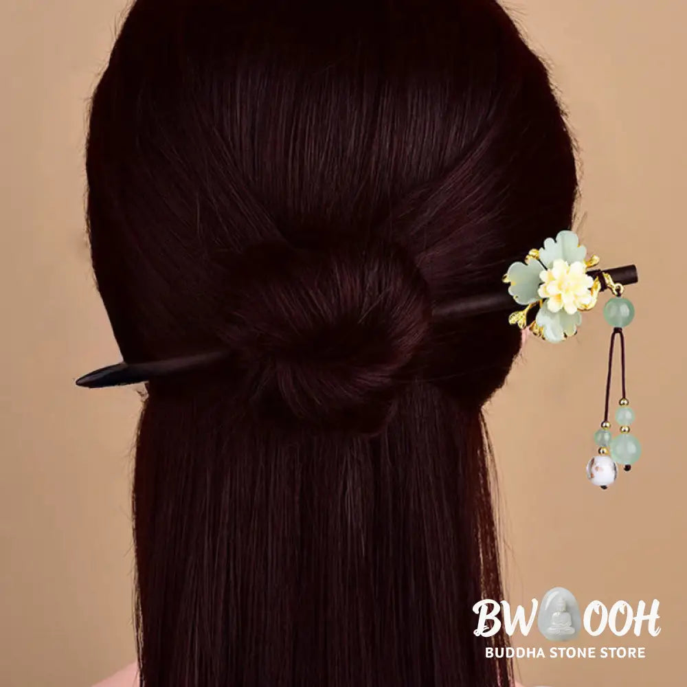 Buddha Stones Green Yellow White Flower Liuli Glass Wood Hairpin - Hairpin