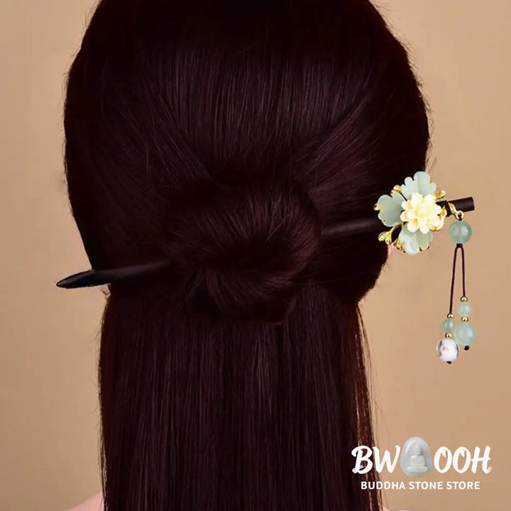 Buddha Stones Green Yellow White Flower Liuli Glass Wood Hairpin - Hairpin