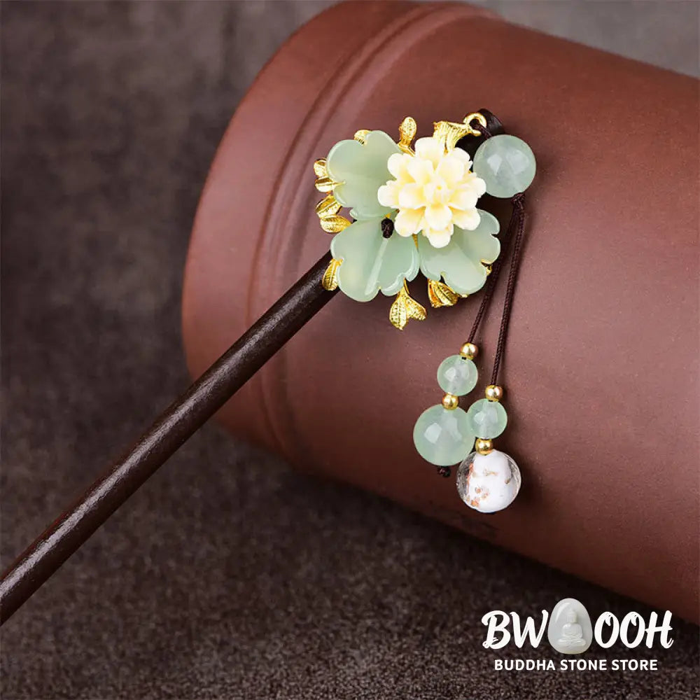Buddha Stones Green Yellow White Flower Liuli Glass Wood Hairpin - Hairpin
