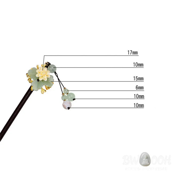 Buddha Stones Green Yellow White Flower Liuli Glass Wood Hairpin - Hairpin
