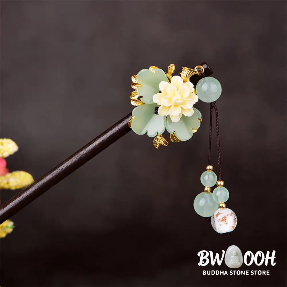 Buddha Stones Green Yellow White Flower Liuli Glass Wood Hairpin - Hairpin