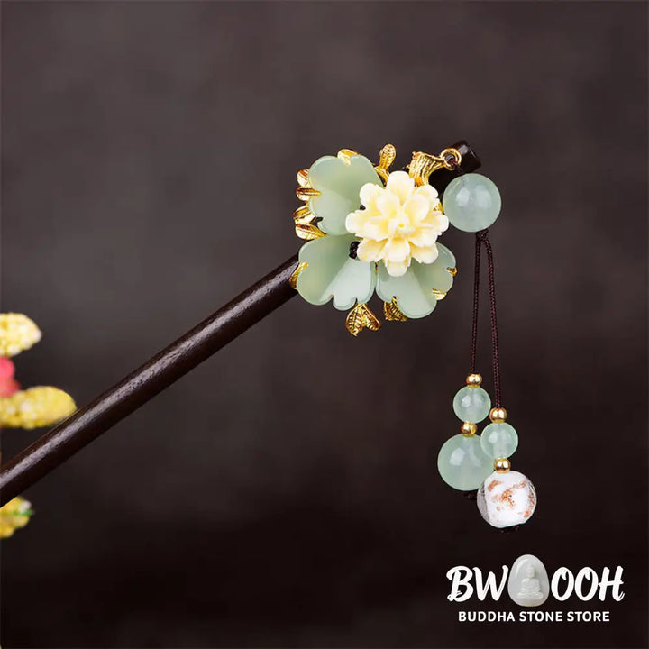 Buddha Stones Green Yellow White Flower Liuli Glass Wood Hairpin - Hairpin
