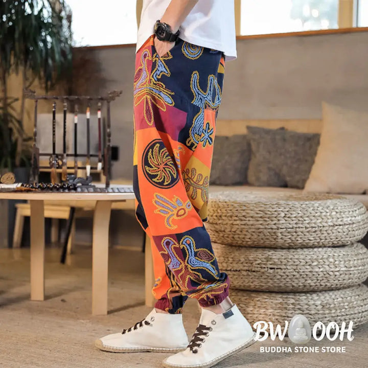 Buddha Stones Grid Flower Print Cotton Men’s Harem Pants With Pockets - Men’s Harem Pants
