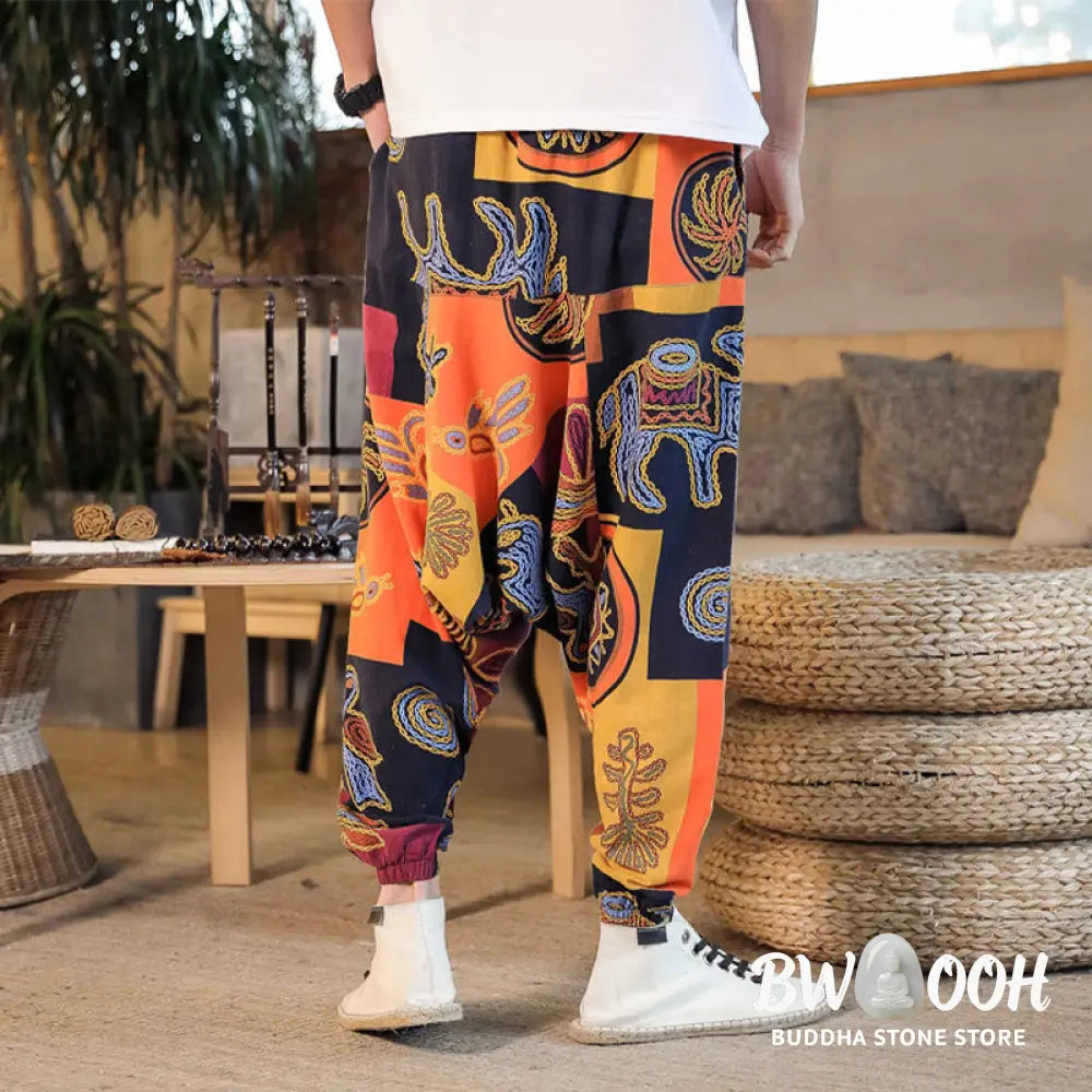 Buddha Stones Grid Flower Print Cotton Men’s Harem Pants With Pockets - Men’s Harem Pants