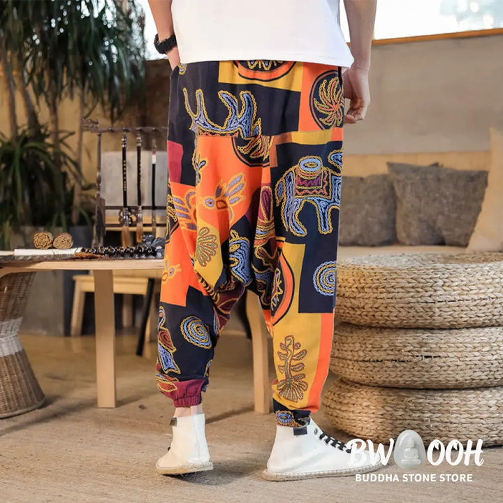 Buddha Stones Grid Flower Print Cotton Men’s Harem Pants With Pockets - Men’s Harem Pants