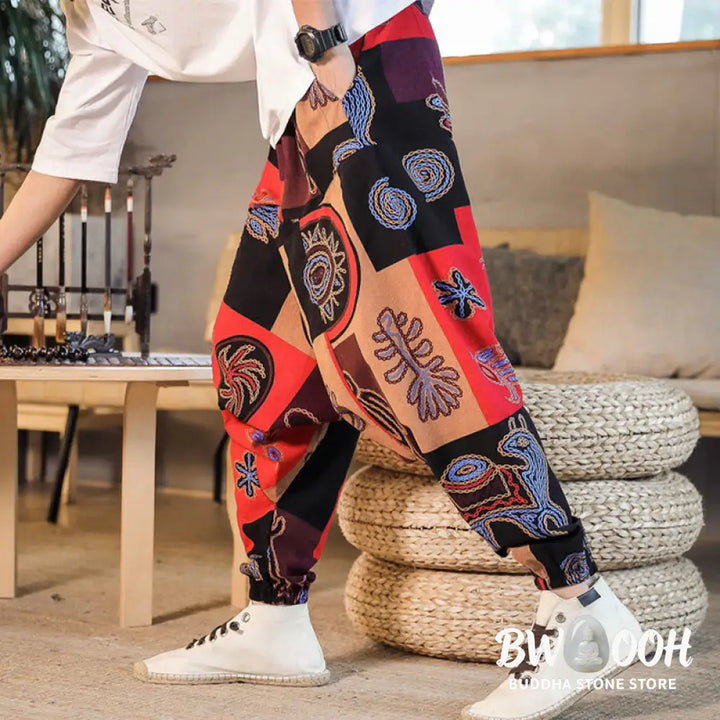 Buddha Stones Grid Flower Print Cotton Men’s Harem Pants With Pockets - Men’s Harem Pants