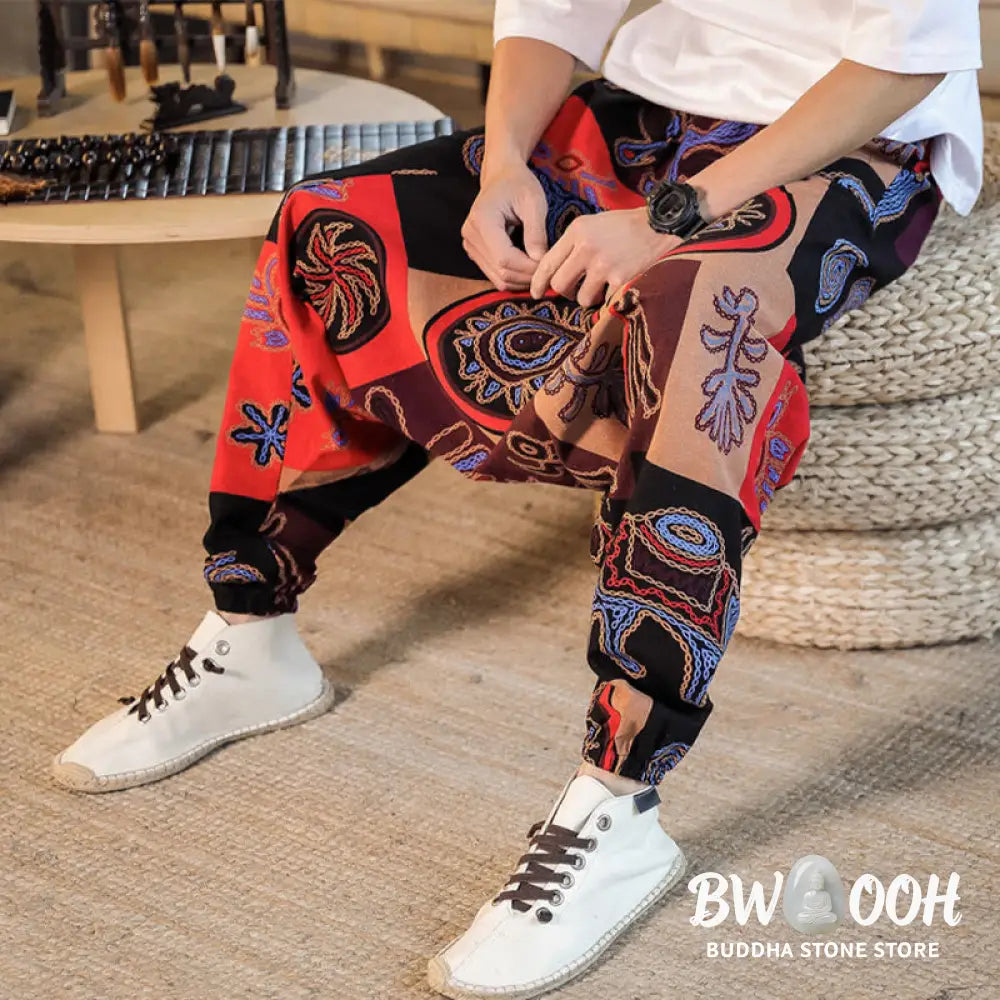 Buddha Stones Grid Flower Print Cotton Men’s Harem Pants With Pockets - Men’s Harem Pants