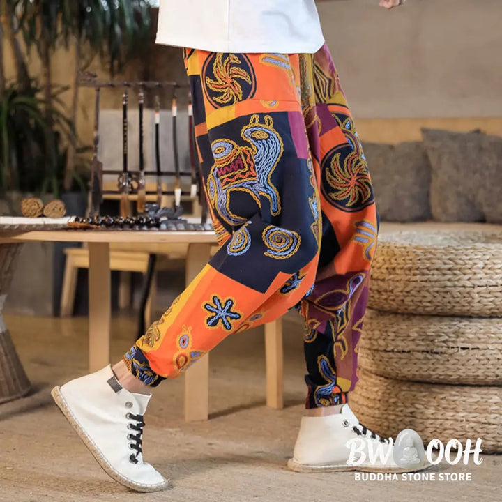 Buddha Stones Grid Flower Print Cotton Men’s Harem Pants With Pockets - Men’s Harem Pants