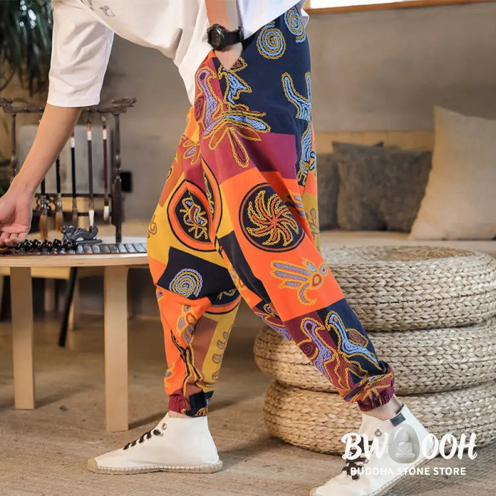 Buddha Stones Grid Flower Print Cotton Men’s Harem Pants With Pockets - Men’s Harem Pants