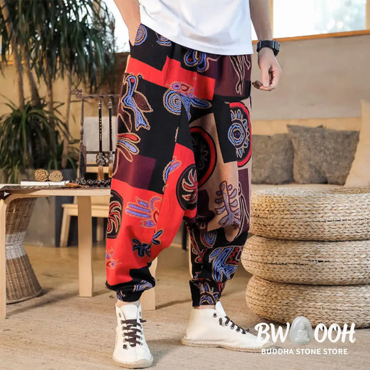 Buddha Stones Grid Flower Print Cotton Men’s Harem Pants With Pockets - Men’s Harem Pants