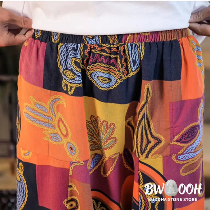 Buddha Stones Grid Flower Print Cotton Men’s Harem Pants With Pockets - Men’s Harem Pants