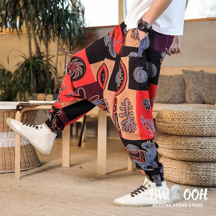 Buddha Stones Grid Flower Print Cotton Men’s Harem Pants With Pockets - Men’s Harem Pants