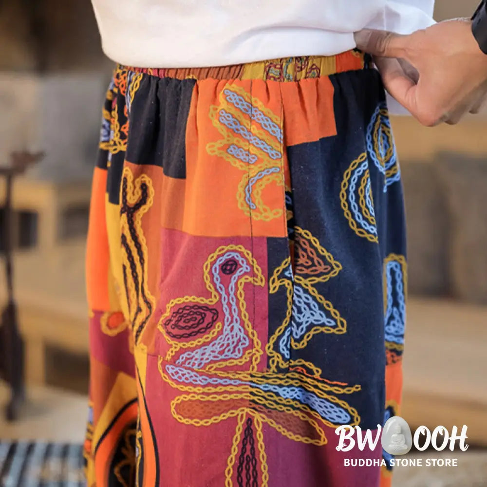 Buddha Stones Grid Flower Print Cotton Men’s Harem Pants With Pockets - Men’s Harem Pants