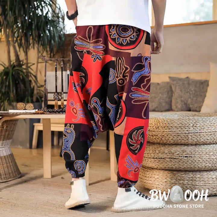 Buddha Stones Grid Flower Print Cotton Men’s Harem Pants With Pockets - Men’s Harem Pants