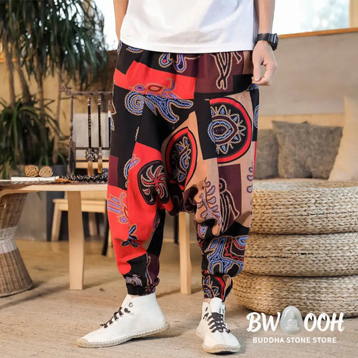 Buddha Stones Grid Flower Print Cotton Men’s Harem Pants With Pockets - Men’s Harem Pants