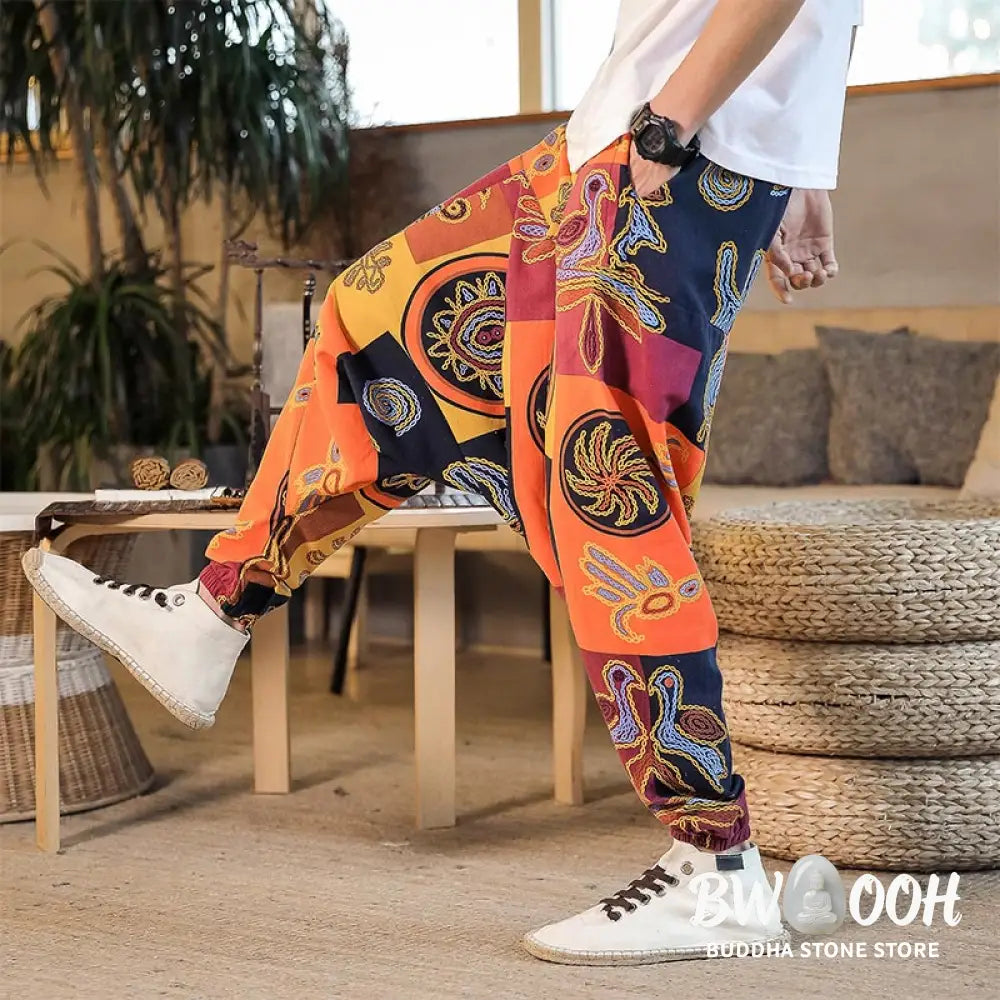 Buddha Stones Grid Flower Print Cotton Men’s Harem Pants With Pockets - Men’s Harem Pants