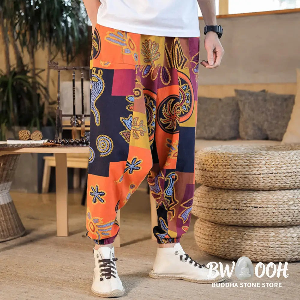 Buddha Stones Grid Flower Print Cotton Men’s Harem Pants With Pockets - Men’s Harem Pants