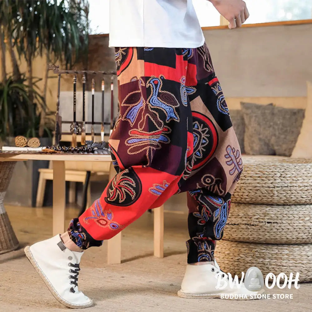 Buddha Stones Grid Flower Print Cotton Men’s Harem Pants With Pockets - Men’s Harem Pants