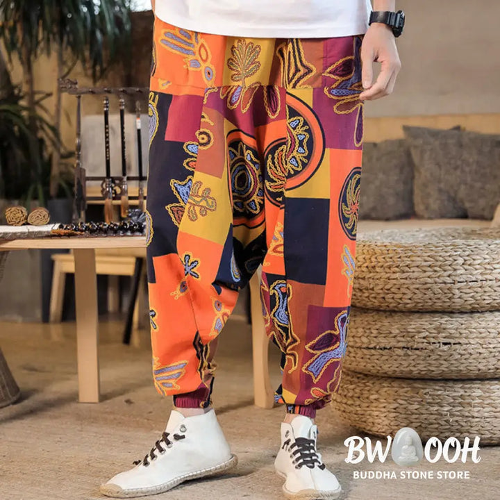 Buddha Stones Grid Flower Print Cotton Men’s Harem Pants With Pockets - Men’s Harem Pants