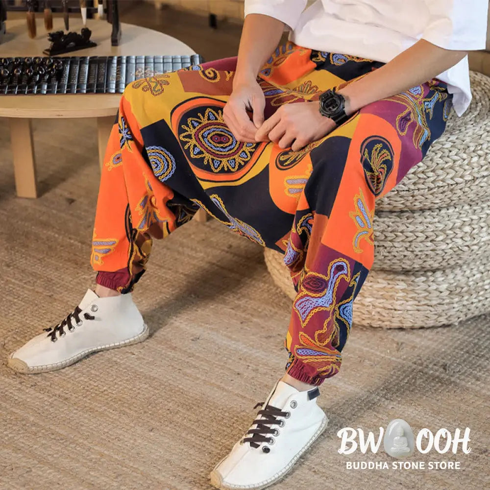 Buddha Stones Grid Flower Print Cotton Men’s Harem Pants With Pockets - Men’s Harem Pants