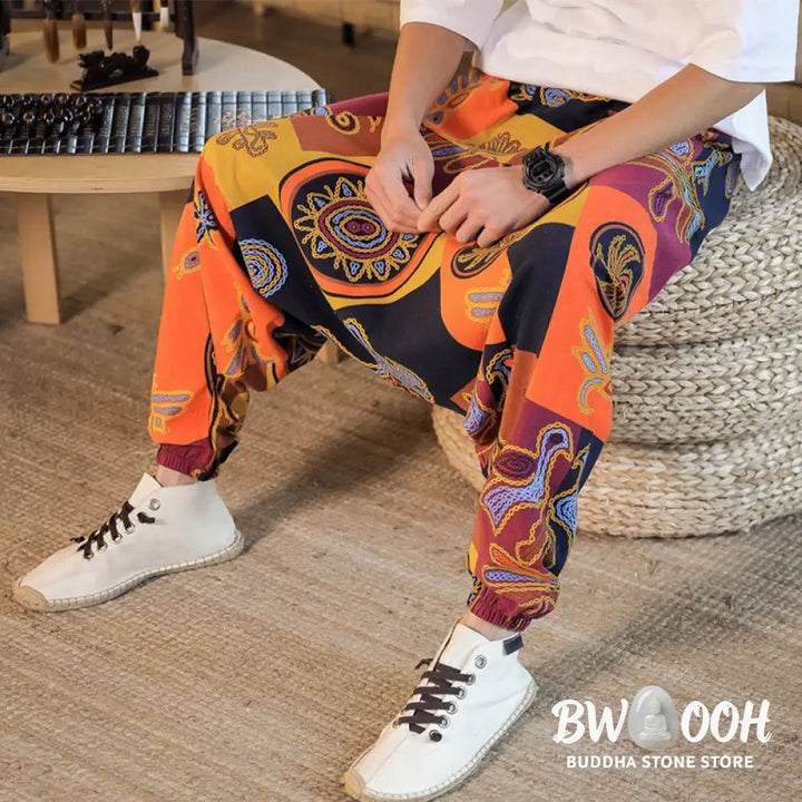Buddha Stones Grid Flower Print Cotton Men’s Harem Pants With Pockets - Men’s Harem Pants