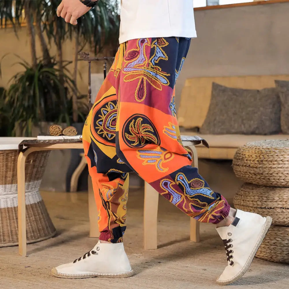 Buddha Stones Grid Flower Print Cotton Men’s Harem Pants With Pockets - DarkOrange / US/UK/AU36，EU46 (L) - Men’s Harem