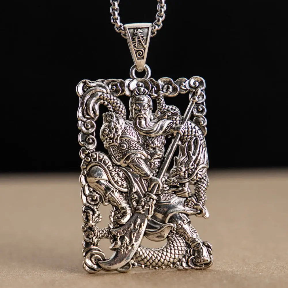 BWOOOH Guan Gong Dragon Auspicious Clouds Wealth Necklace Pendant — detailed alloy Guan Yu and dragon pendant, feng shui protection necklace spiritual jewelry