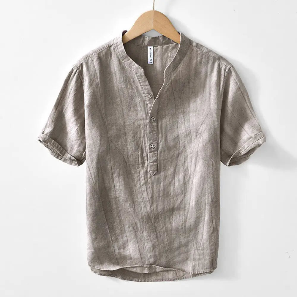 Buddha Stones Half Button Short Sleeve V-neck Ramie Cotton Men’s Shirt - DarkKhaki / US/UK/AU36，EU46 (L) - Men’s Shirts