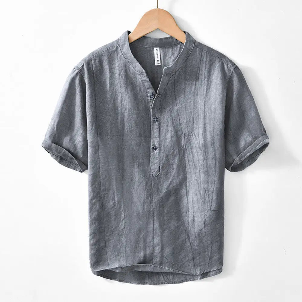 BWOOOH Half Button Short Sleeve V-neck Ramie Cotton Men&