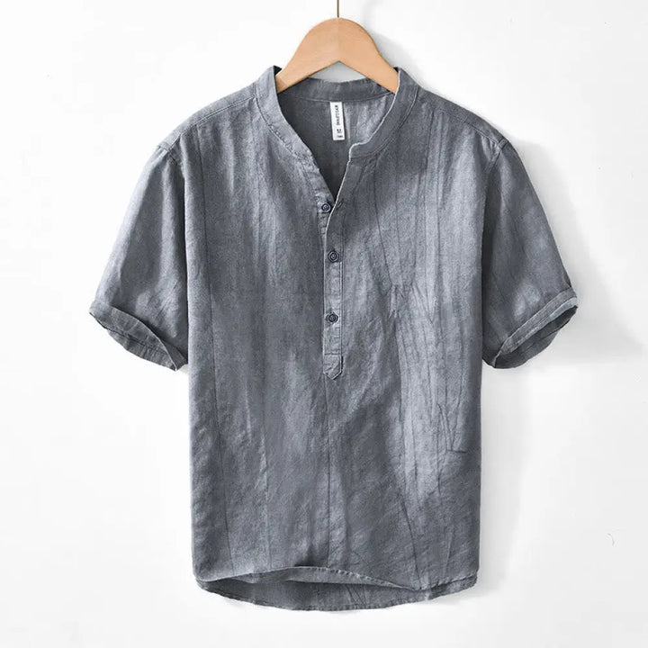 BWOOOH Half Button Short Sleeve V-neck Ramie Cotton Men&